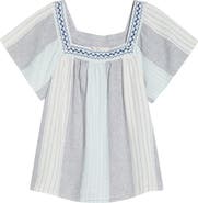 Lucky Brand Stripe Embroidered Square Neck Linen Blend Top