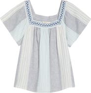 Lucky Brand Stripe Embroidered Square Neck Linen Blend Top