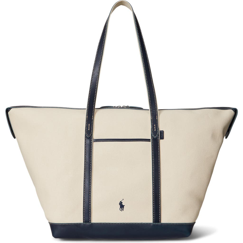 Polo Ralph Lauren Large Leather Trim Canvas Shopper Tote In Multi