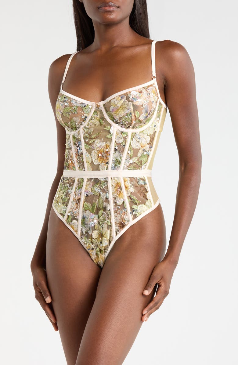 KILO BRAVA Sequin Embroidered Underwire Bodysuit, Main, color, Champagne Sparkle