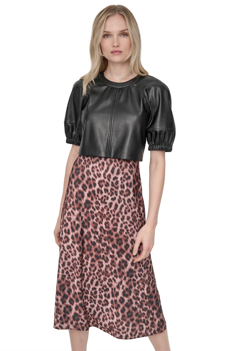 DKNY Short Sleeve Mixed Media Midi Dress, Alternate, color, Travertn M