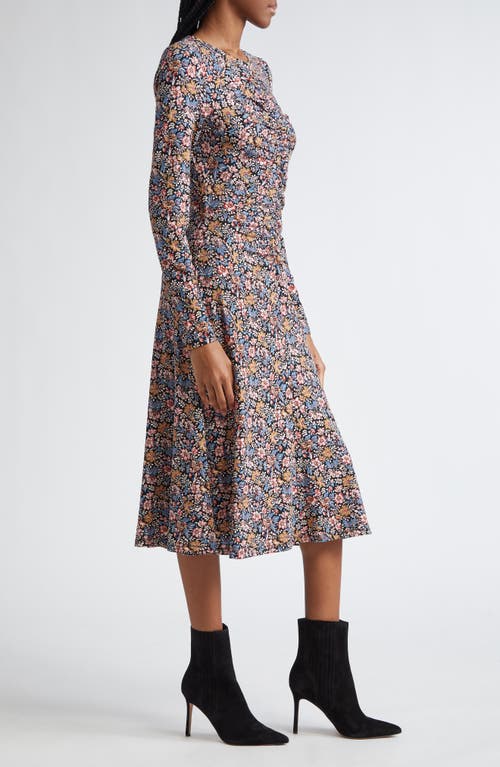 Veronica Beard Gale Floral Long Sleeve Cotton Knit Midi Dress In Black Multi
