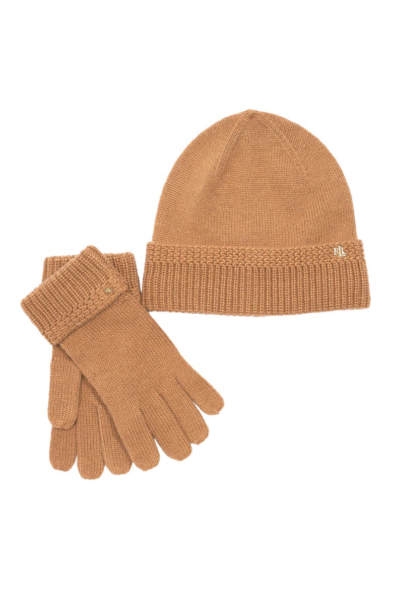 Racking Stitch Knit Beanie And Glove Giftset, Alternate, color, Classic Camel