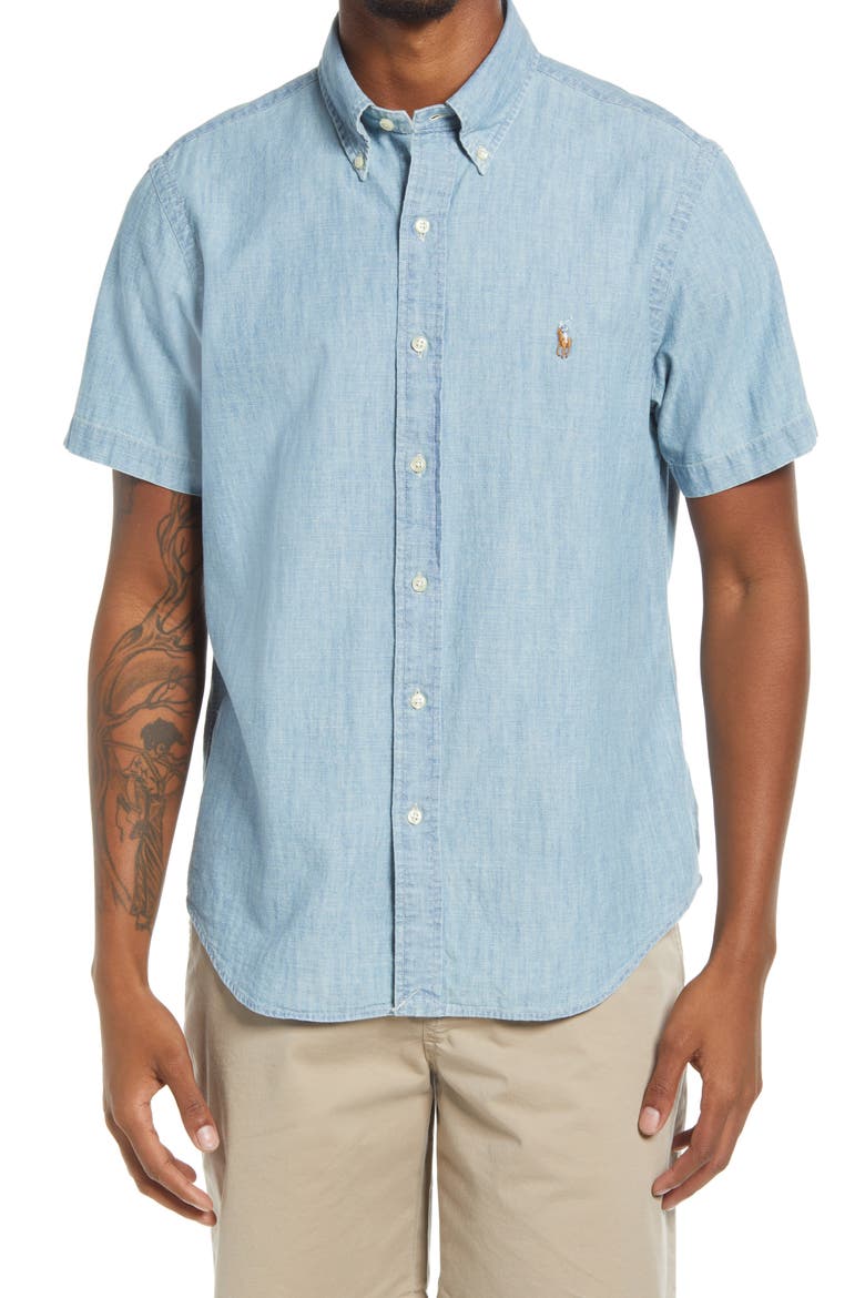 Ralph Lauren Classic Fit Short Sleeve Button-Down Shirt, Main, color, LIGHT INDIGO