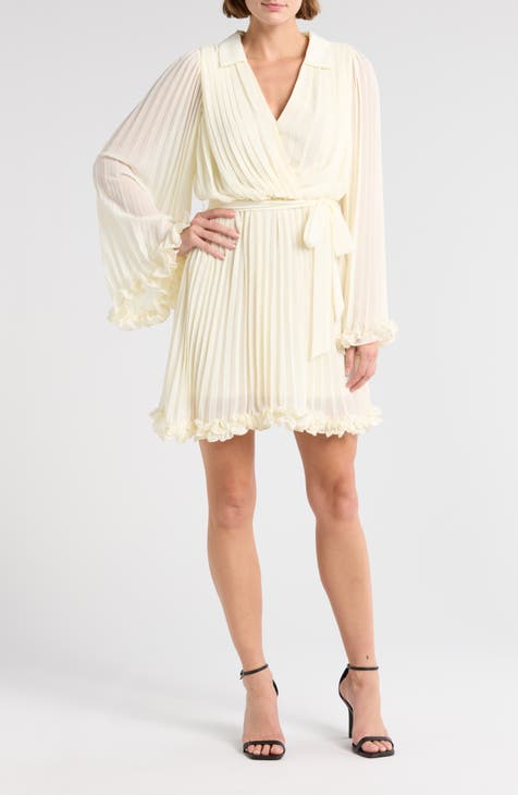 Long Sleeve Pleated Chiffon Faux Wrap Minidress