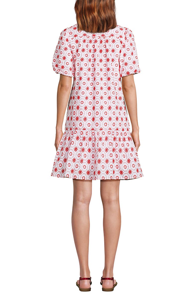 Lands' End Elbow Sleeve Eyelet Knee Length Shirt Dress, Alternate, color, White/Poppy Mosaic Eyelet
