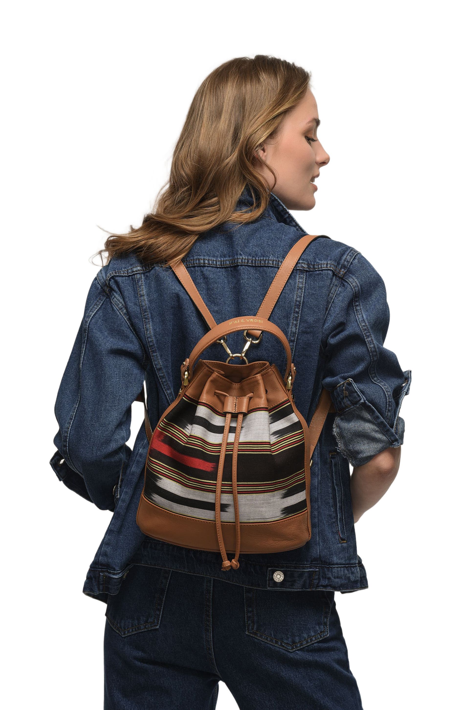 K'ai & Vrosi Leather & Striped Fabric Pattern Convertible Bag, Alternate, color, 