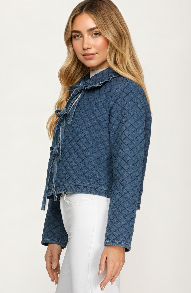 Knit and Lounge Quilted Bow Front Denim Jacket, Alternate, color,