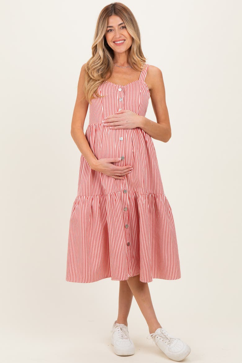 Striped Tiered Overall Dress, Alternate, color, Red