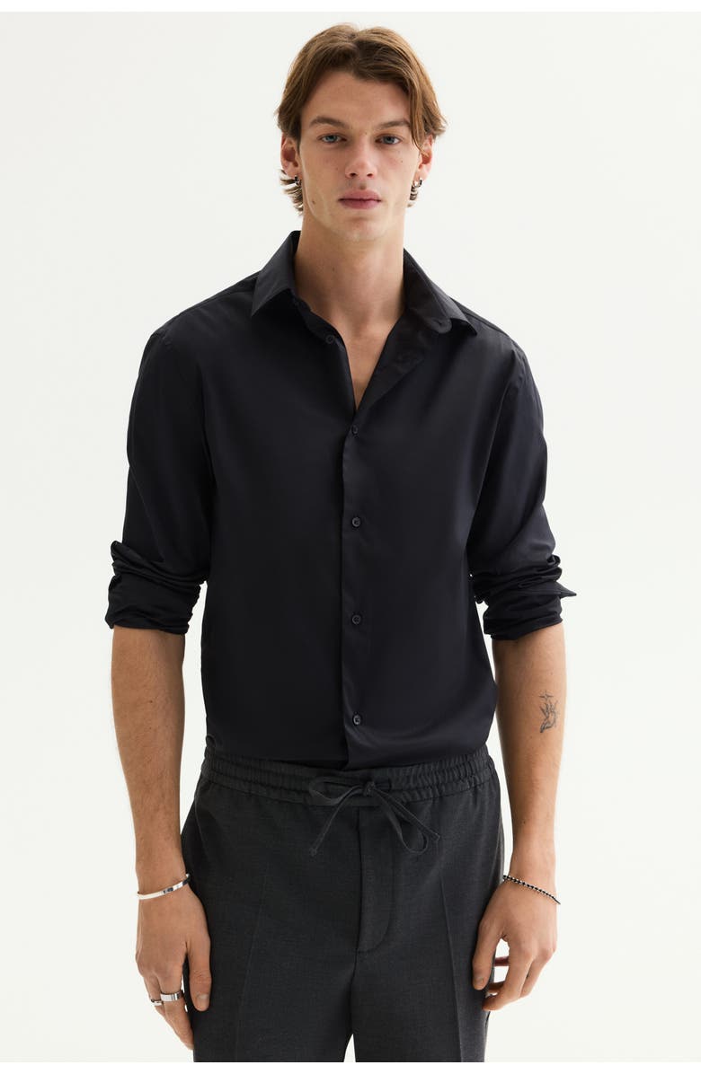 H&M Slim Fit Stretch Shirt, Alternate, color, Black