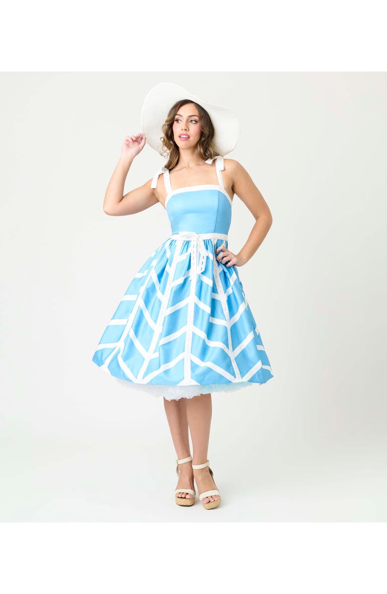 Unique Vintage Chevron Eyelet Swing Dress, Main, color, Blue/White