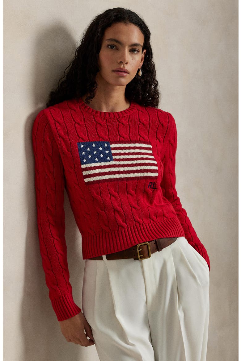 Flag Intarsia Cable Stitch Crewneck Sweater, Alternate, color, RED