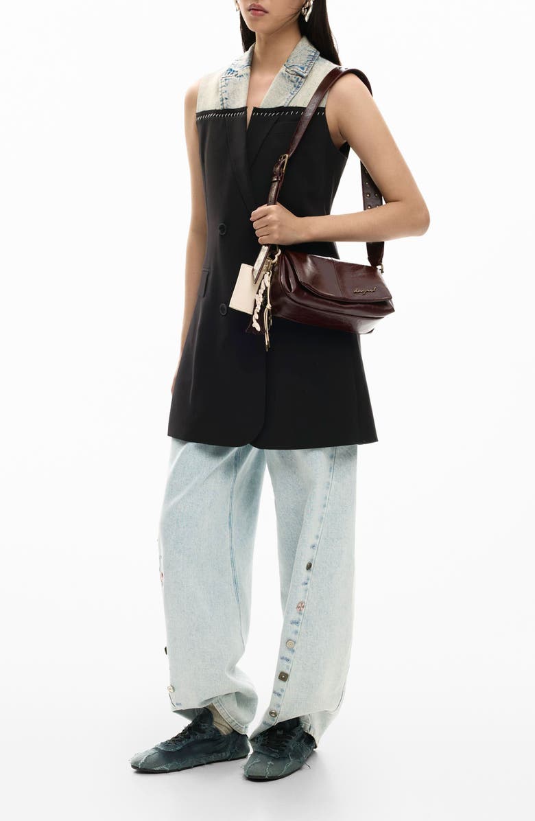 Desigual Mixed Media Sleeveless Double Breasted Blazer Minidress, Main, color, Black