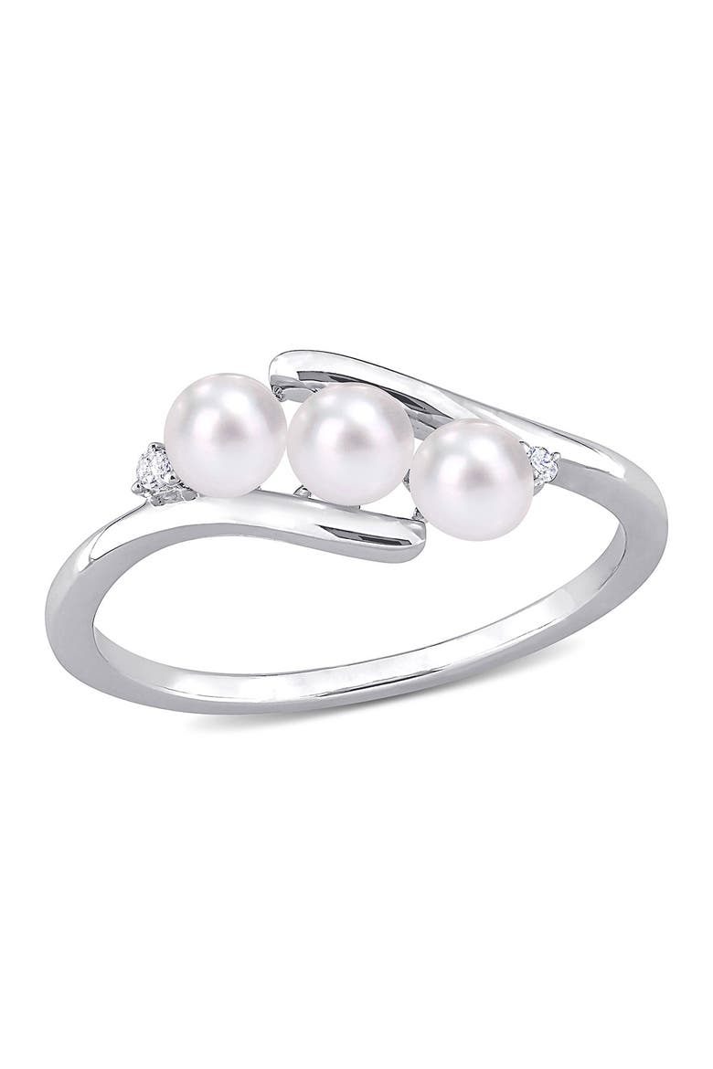 Sterling Silver Triple 4mm Cultured Freshwater Pearl & Diamond Ring - 0.02 ctw, Main, color, WHITE