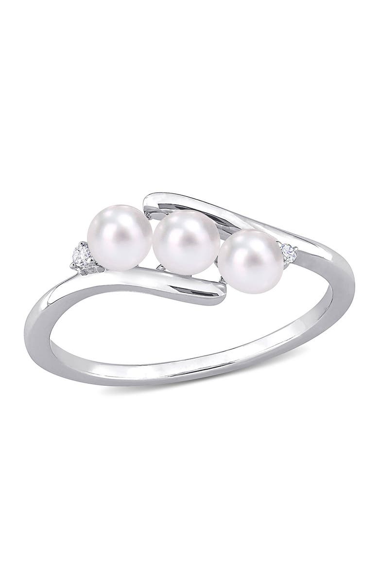 DELMAR Sterling Silver Triple 4mm Cultured Freshwater Pearl & Diamond Ring - 0.02 ctw, Main, color, White