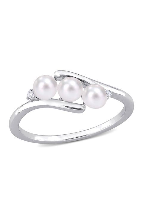 Sterling Silver Triple 4mm Cultured Freshwater Pearl & Diamond Ring - 0.02 ctw