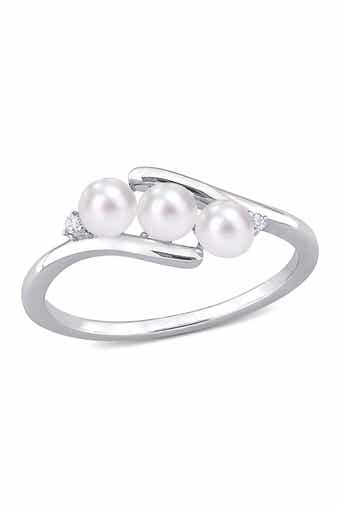 DELMAR Sterling Silver Triple 4mm Cultured Freshwater Pearl & Diamond Ring - 0.02 ctw