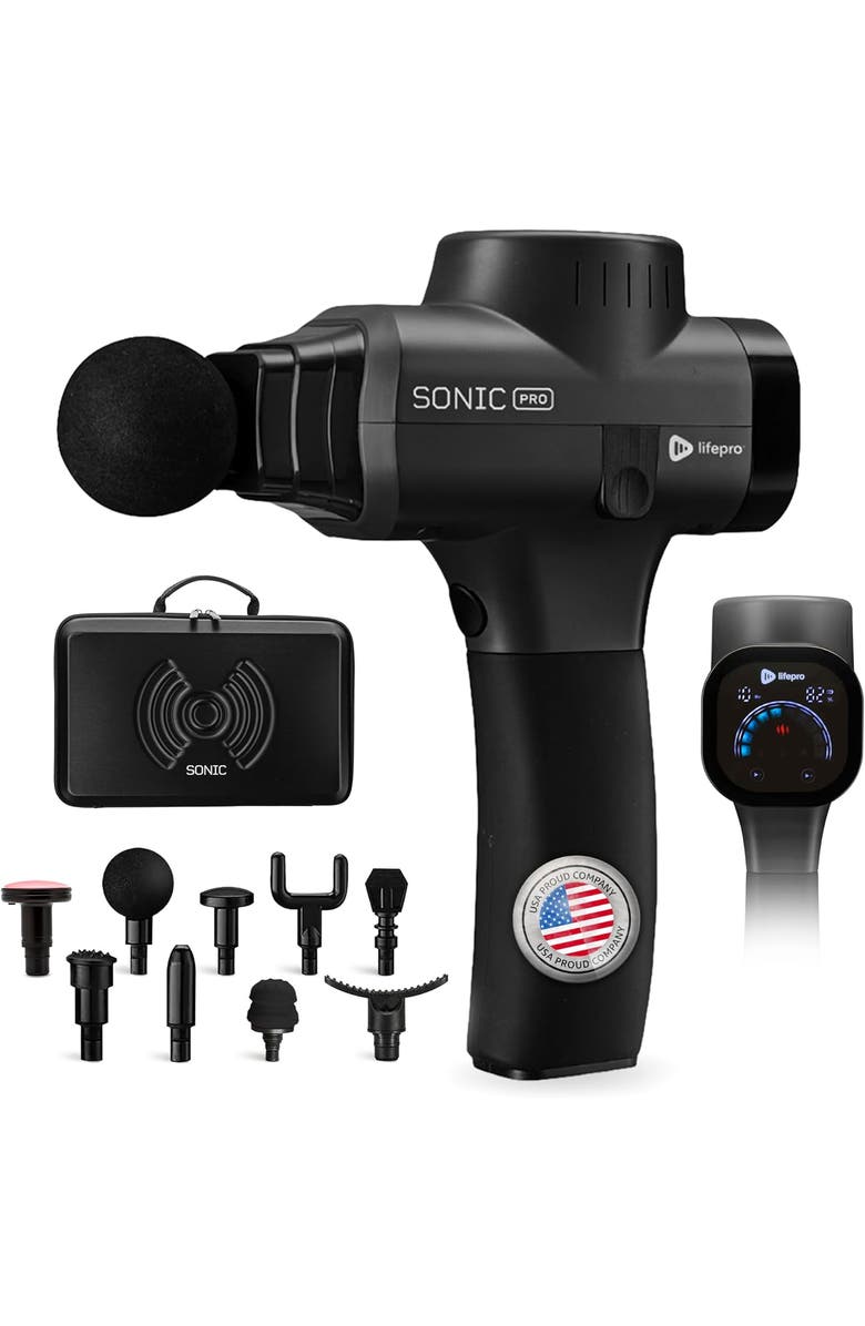 Lifepro Sonic Pro Deep Tissue Massage Gun Handheld Percussion Massager with 10 Speeds, 9 Heads, Main, color, Black