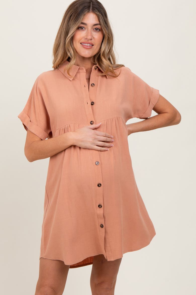 Dolman Sleeve Linen Shirt Dress, Main, color, Peach