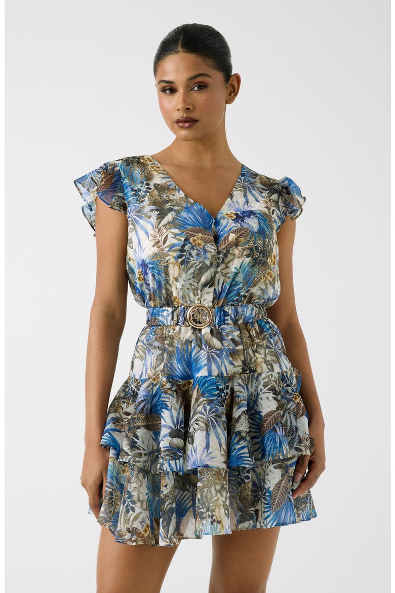 Tropical Print Ruffle MInidress, Alternate, color, OPEN BLUE