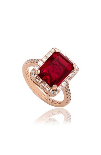 Suzy Levian Rose Sterling Silver Large Emerald-cut Red Cubic Zirconia And Baguette White Cubic Zirconia Halo Rin In Metallic