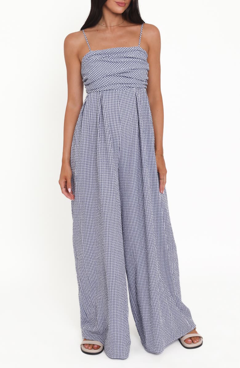 Petal & Pup Priscilla Gingham Flowy Wide Leg Cotton Jumpsuit, Main, color, Blue Gingham