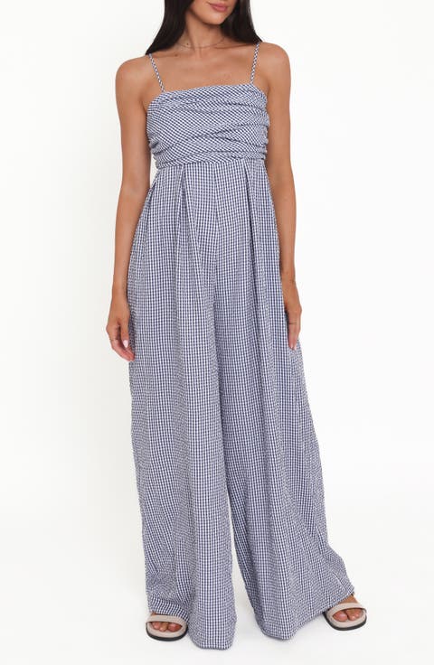 Priscilla Gingham Flowy Wide Leg Cotton Jumpsuit