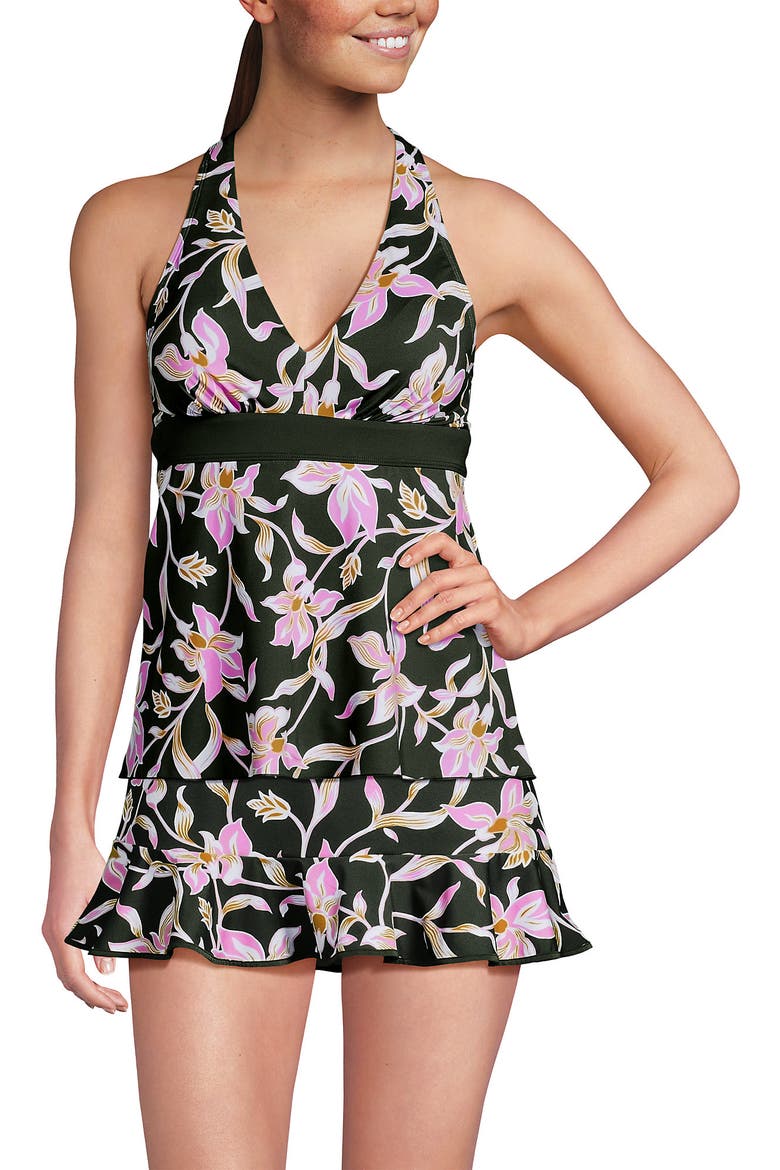 D-Cup V-Neck Racerback Flutter Tankini, Alternate, color, Tropic Floral/Rich Olive