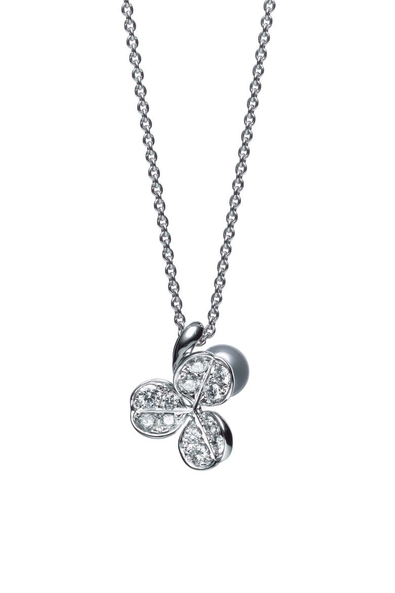 Fortune Leaves Pearl & Diamond Pendant Necklace, Main, color, WHITE GOLD