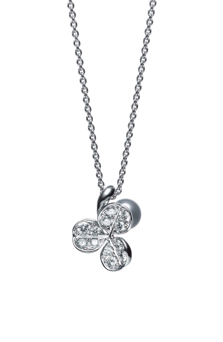 Mikimoto Fortune Leaves Pearl & Diamond Pendant Necklace, Main, color, White Gold