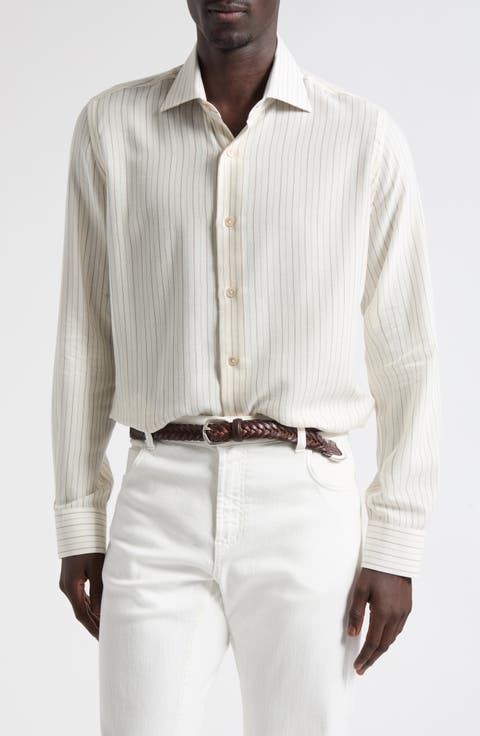 Slim Fit Pinstriped Lyocell & Cotton Shirt