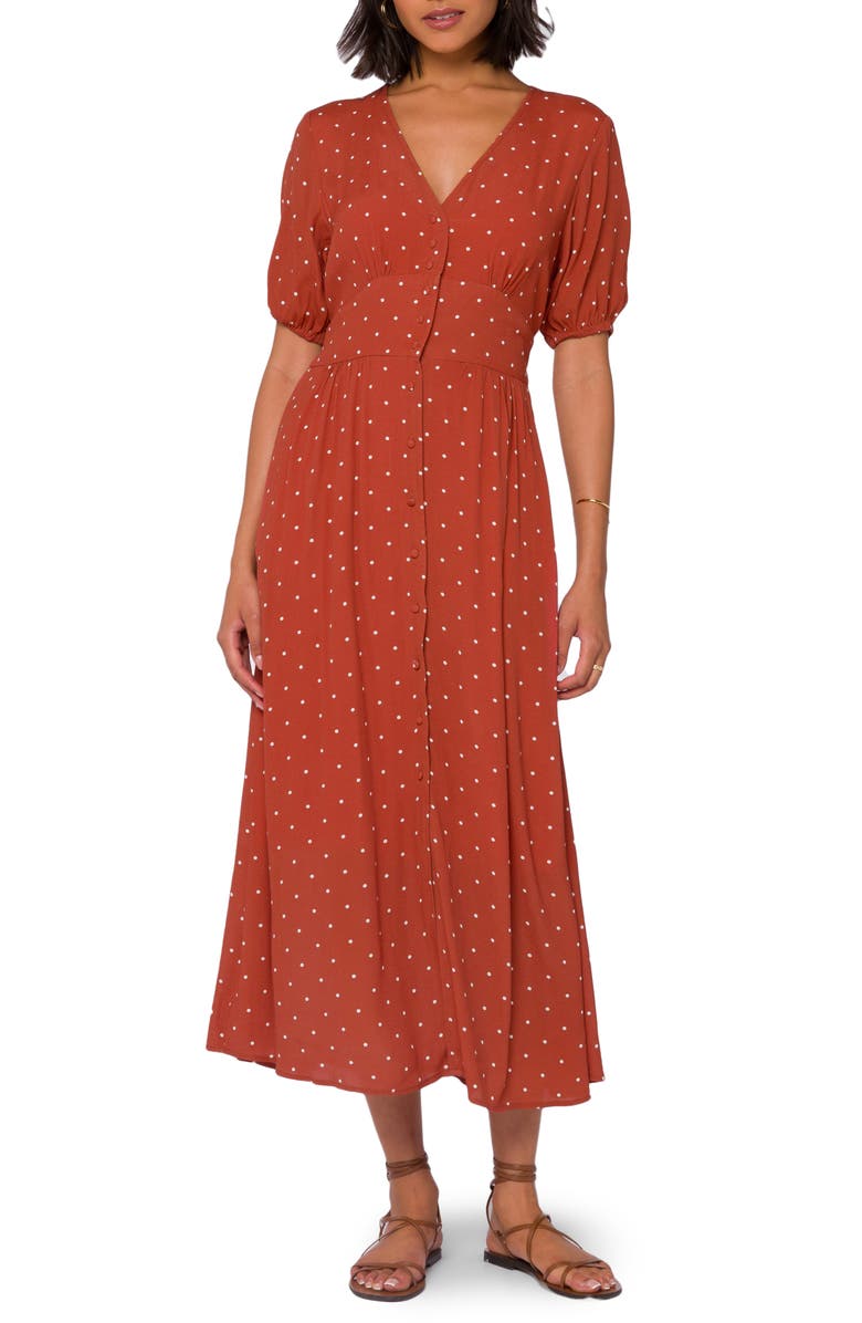 VELVET HEART Dot V-Neck Puff Sleeve Midi Dress, Main, color, Tajin Dots