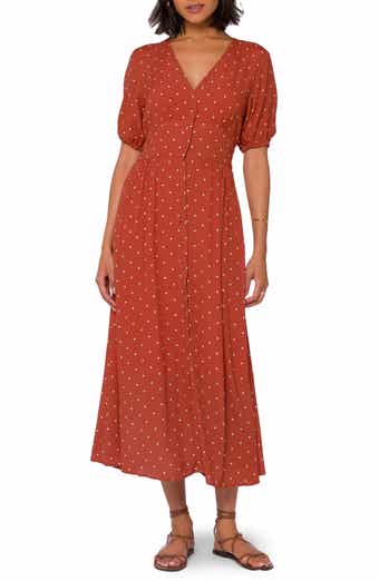 VELVET HEART Dot V-Neck Puff Sleeve Midi Dress