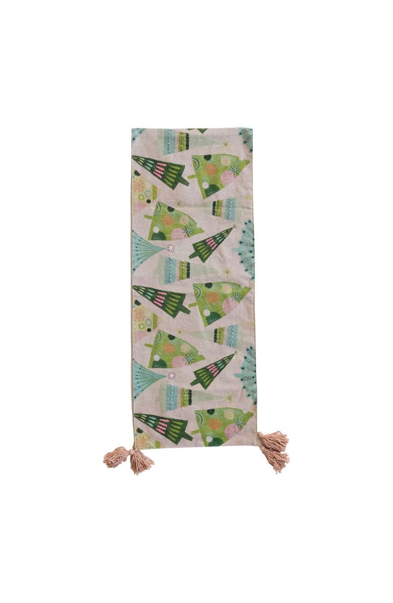 Storied Home Hand-Embroidered Cotton Printed Table Runner with Christmas Trees Pattern, Beads, French Knots and Tassels, Multicolor, Main, color, 