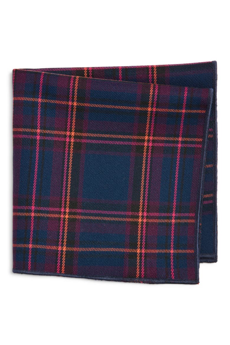 Navy & Fuchsia Plaid Wool Pocket Square, Main, color, NAVY