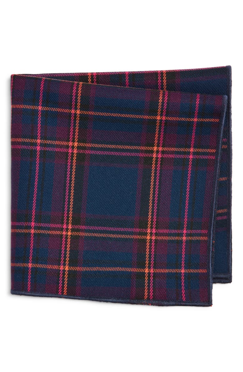 CLIFTON WILSON Navy & Fuchsia Plaid Wool Pocket Square, Main, color, Navy