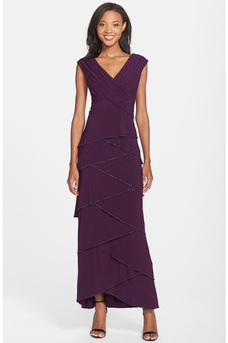 Beaded Artichoke Tier Matte Jersey Gown, Main, color, PLUM
