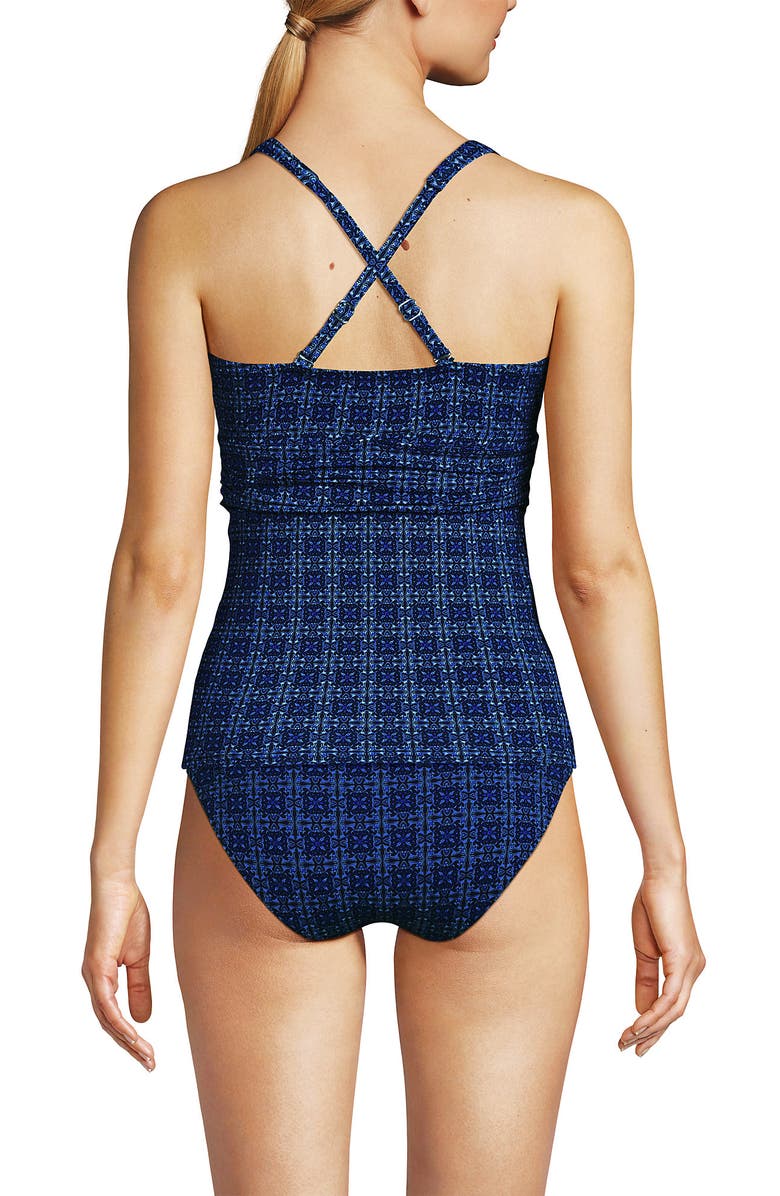 Lands' End Chlorine Resistant Plunge X-Back Tankini Swimsuit Top, Alternate, color, Navy Mosaic Mini Tile