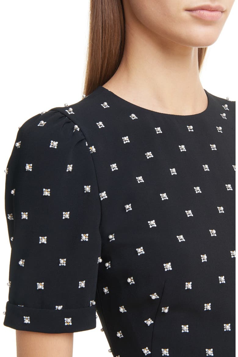 Imitation Pearl Embellished Lily Print Dress, Alternate, color, BLACK