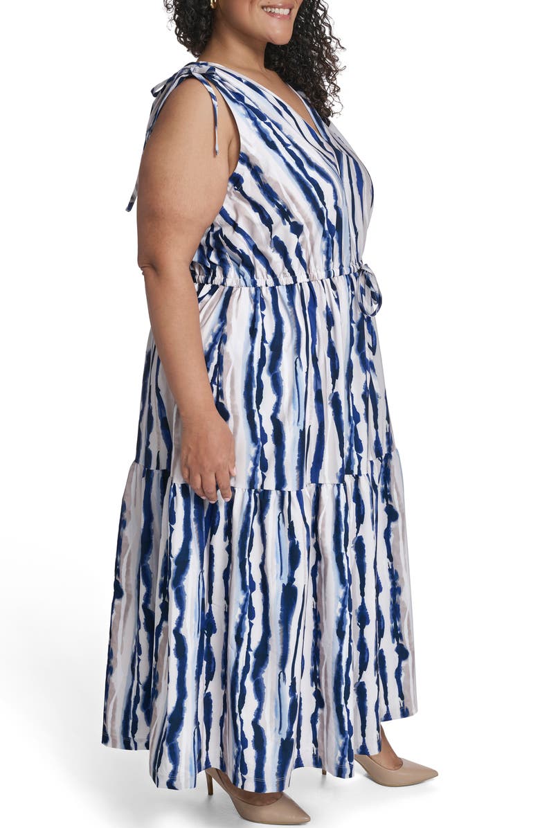 Calvin Klein Sleeveless Drawstring Waist Maxi Dress, Alternate, color, Indigo Multi