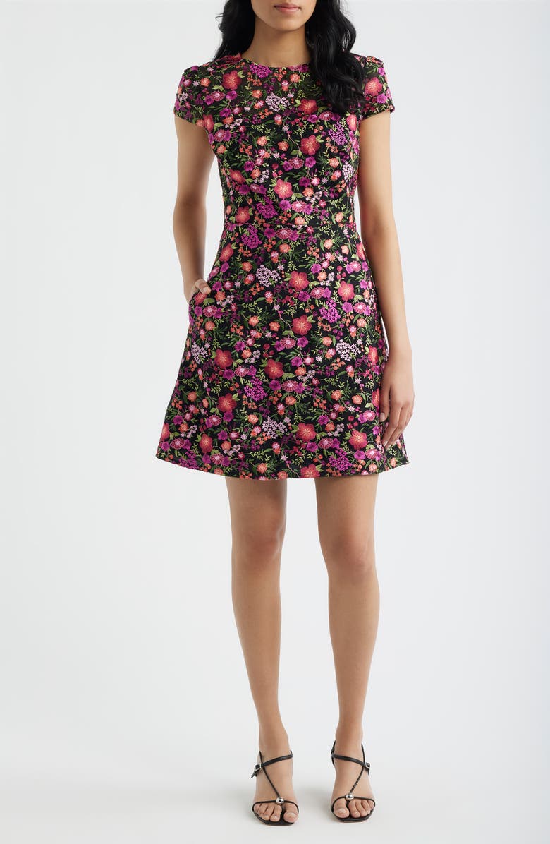 Eliza J Embroidered Floral A-Line Dress, Main, color, Berry Black