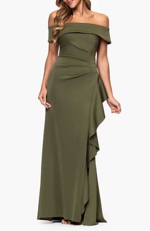 Ruffle Off the Shoulder Scuba Knit Gown (Regular & Petite)