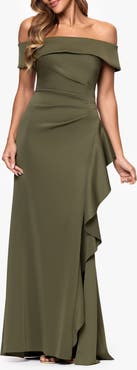 Xscape Evenings Ruffle Off the Shoulder Scuba Knit Gown