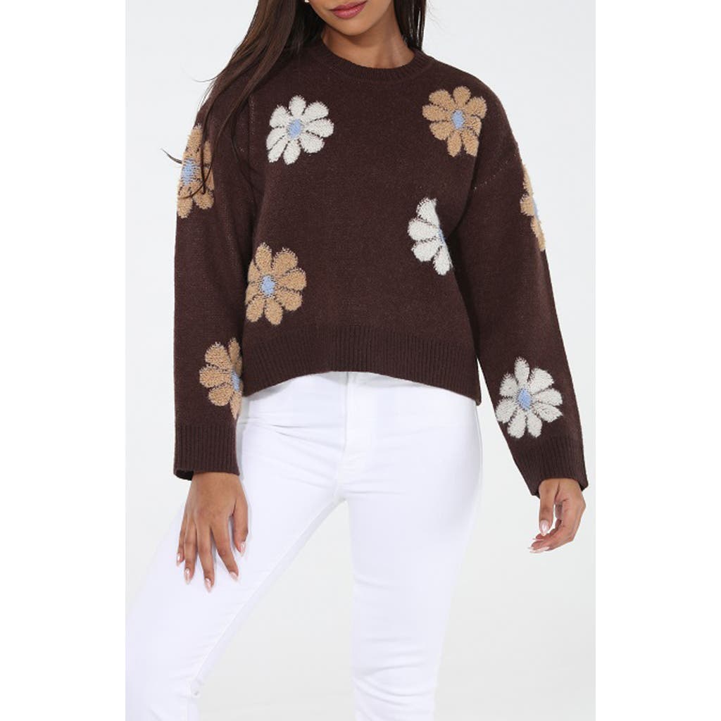 Rain And Rose Floral Appliqué Sweater In Brown