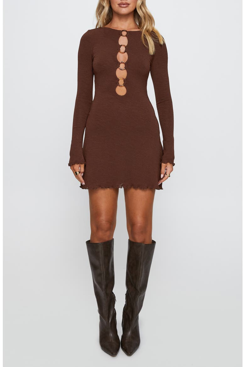 Dejonge Ring Detail Long Sleeve Minidress, Main, color, BROWN