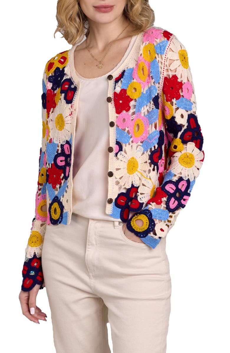 SAACHI Floral Crochet Cardigan, Alternate, color, White