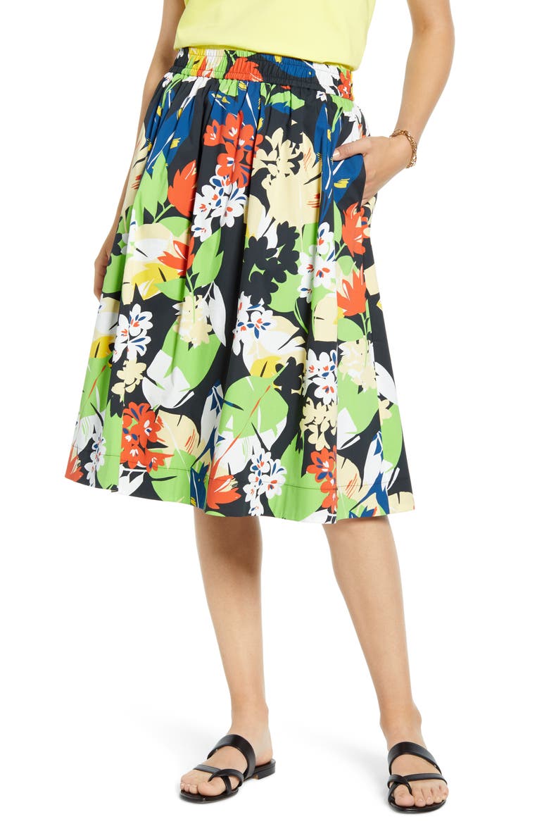Pull-On Poplin Skirt, Main, color, LARGE BLACK MULTI TROPICAL