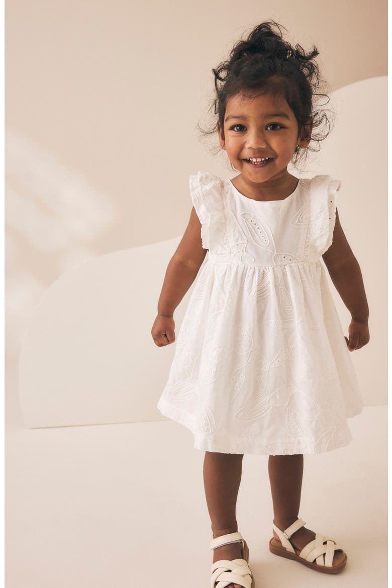 Kids' Embroidered Flutter Sleeve Cotton Dress, Main, color, WHITE