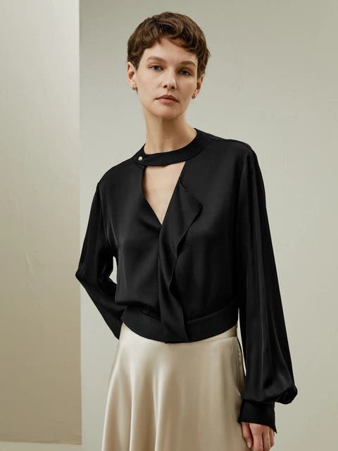 V Neck Collared Silk Shirt