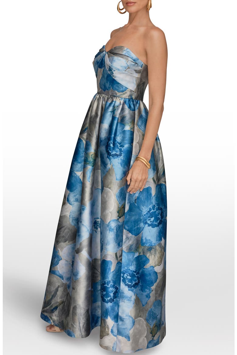 Floral Print Strapless Satin Gown, Alternate, color, WASHED INDIGO MULTI
